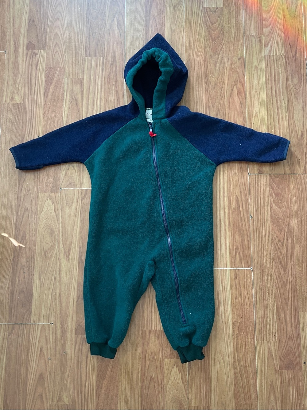 VINTAGE LL Bean Kids Fleece Bunting Toddlers 2T Green BLUE Hood Color Block